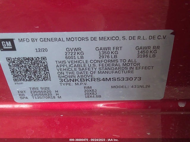 2021 CHEVROLET BLAZER RS VIN: 3GNKBKRS4MS533073