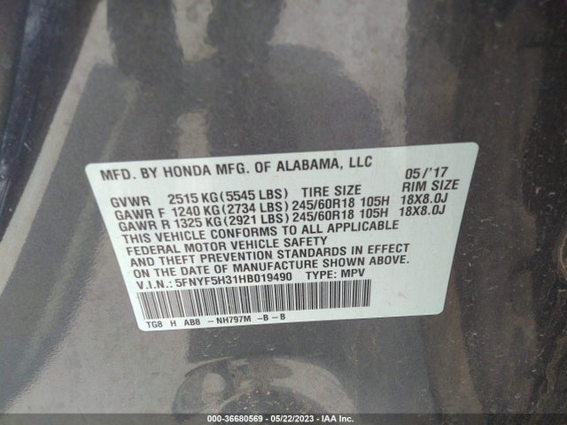 Honda Pilot Ex 2017 5FNYF5H31HB019490 Image 9