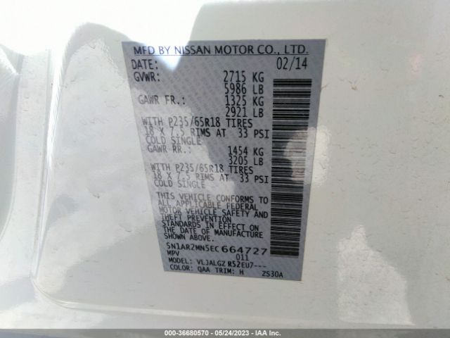 5N1AR2MN5EC664727 Nissan Pathfinder Sl