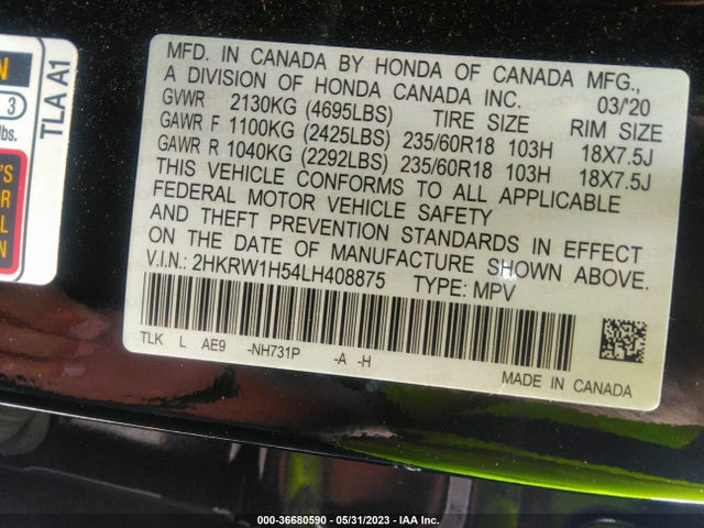 Honda CR-V EX 2020 2HKRW1H54LH408875 Image 9