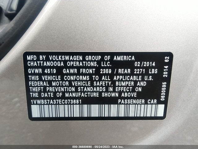 1VWBS7A37EC073681 Volkswagen Passat Se W/sunroof