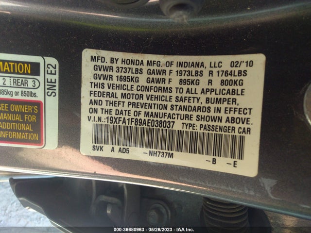 2010 HONDA CIVIC SDN EX VIN: 19XFA1F89AE038037