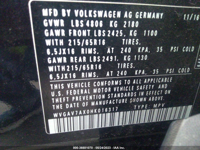 WVGAV7AX0HK016317 Volkswagen TIGUAN S