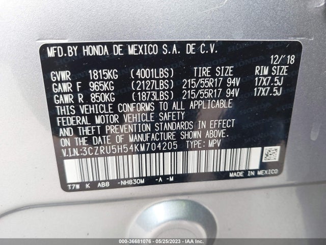 2019 HONDA HR-V EX VIN: 3CZRU5H54KM704205