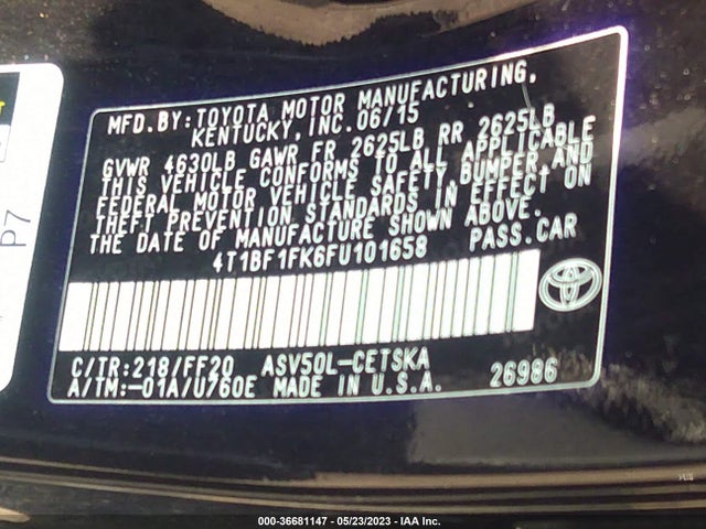 2015 TOYOTA CAMRY XLE/SE/LE/XSE VIN: 4T1BF1FK6FU101658