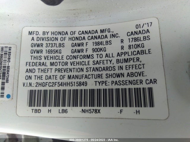 2017 HONDA CIVIC SEDAN LX VIN: 2HGFC2F54HH515849