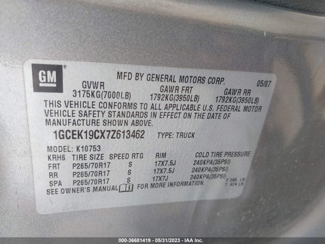 2007 CHEVROLET SILVERADO 1500 LT W/1LT VIN: 1GCEK19CX7Z613462