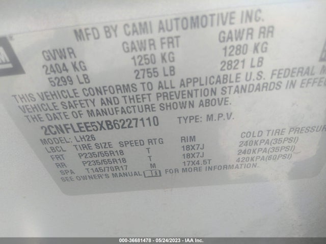 2011 CHEVROLET EQUINOX LT W/1LT VIN: 2CNFLEE5XB6227110