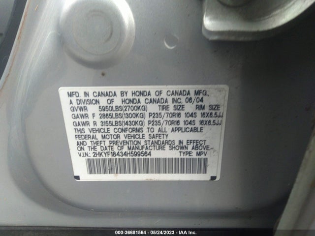 2004 HONDA PILOT EX VIN: 2HKYF18434H599564