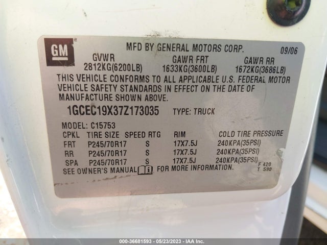 2007 CHEVROLET SILVERADO 1500 WORK TRUCK VIN: 1GCEC19X37Z173035