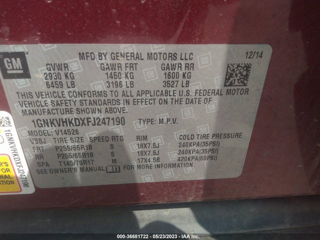Chevrolet Traverse Lt 2015 1GNKVHKDXFJ247190 Image 9