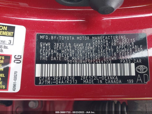 2015 TOYOTA COROLLA L/LE/S/S PLUS/LE PLUS VIN: 2T1BURHE5FC444703