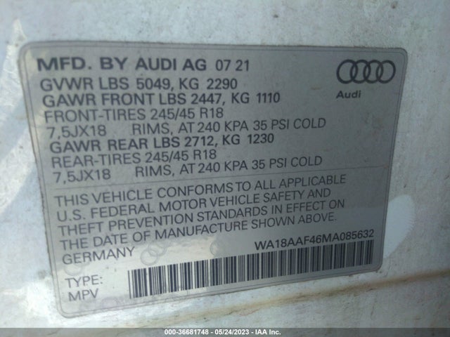 2021 Audi A4, VIN: WA18AAF46MA085632