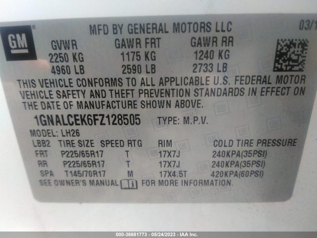 Chevrolet EQUINOX LT 2015 1GNALCEK6FZ128505 Image 9