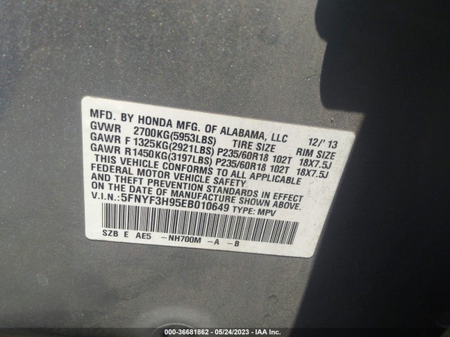 Honda Pilot Touring 2014 5FNYF3H95EB010649 Image 9