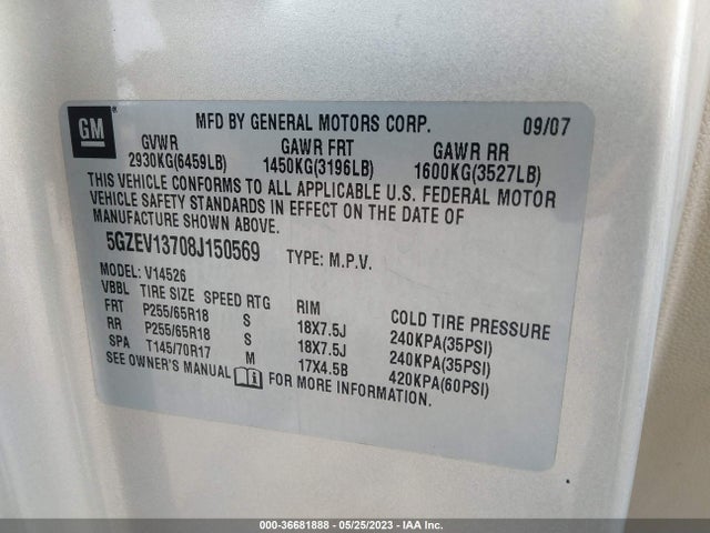 2008 SATURN OUTLOOK XE VIN: 5GZEV13708J150569