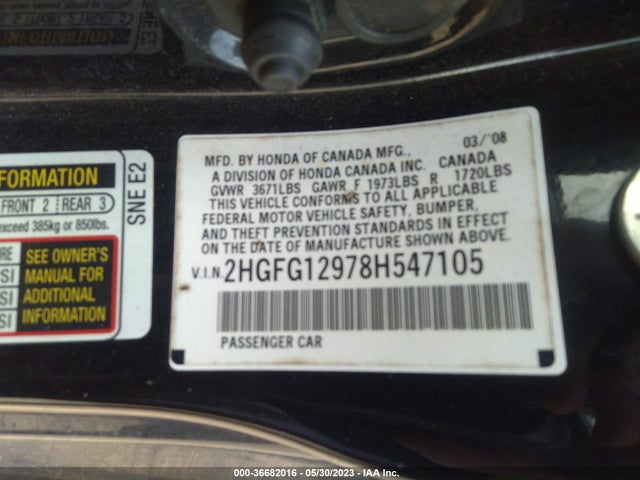 2008 HONDA CIVIC CPE EX-L VIN: 2HGFG12978H547105