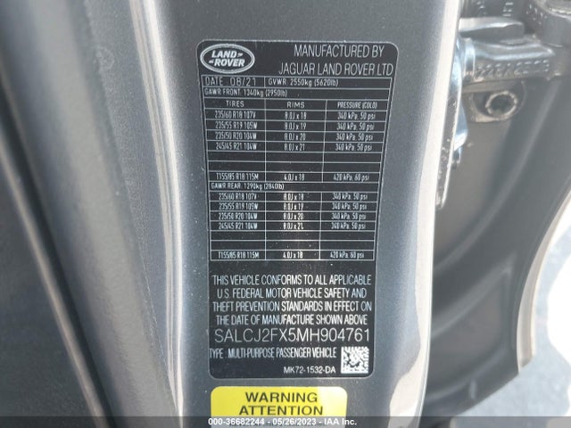 2021 LAND ROVER DISCOVERY SPORT S VIN: SALCJ2FX5MH904761