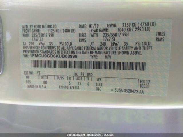 1FMCU9GD6KUB08998 Ford ESCAPE SE
