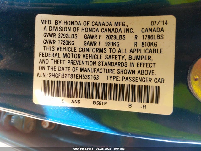 Honda Civic Sedan Ex 2014 2HGFB2F81EH539163 Image 9