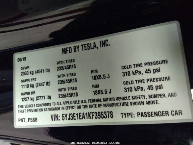 5YJ3E1EA1KF395378 Tesla Model 3 Range