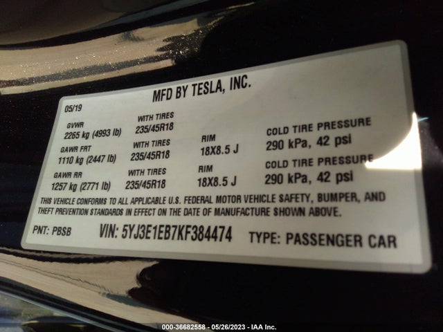 Tesla Model 3 Long Range/performance 2019 5YJ3E1EB7KF384474 Image 10