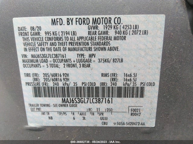2020 FORD ECOSPORT SE VIN: MAJ6S3GL7LC387161