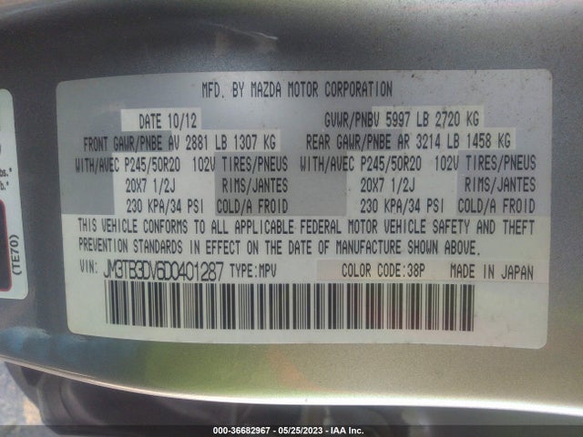 2013 MAZDA CX-9 GRAND TOURING VIN: JM3TB3DV6D0401287