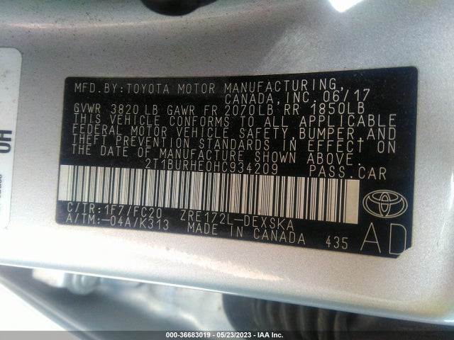 2017 TOYOTA COROLLA L/LE/XLE/SE VIN: 2T1BURHE0HC934209