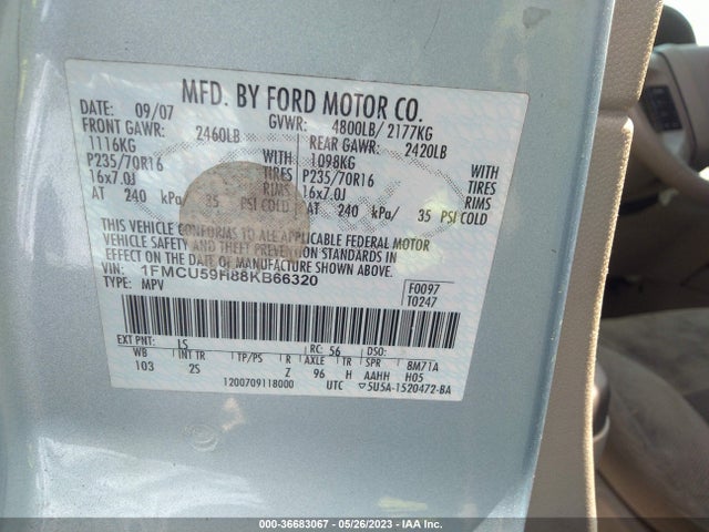 2008 FORD ESCAPE HYBRID VIN: 1FMCU59H88KB66320