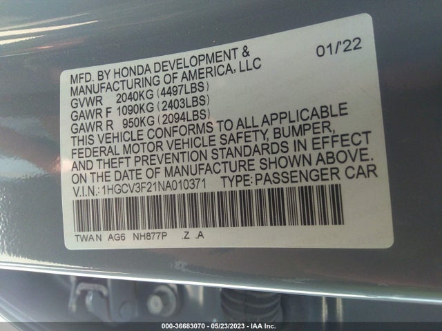 Продажа на аукционе авто 2022 Honda Accord Hybrid Sport, vin: 1HGCV3F21NA010371, номер лота: 36683070