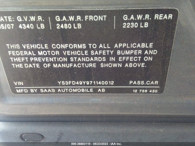 2007 SAAB 9 3 VIN: YS3FD49Y971140012