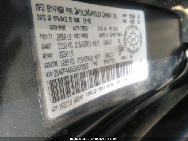 2002 DODGE CARAVAN SPORT VIN: 2B4GP44RX2R573228