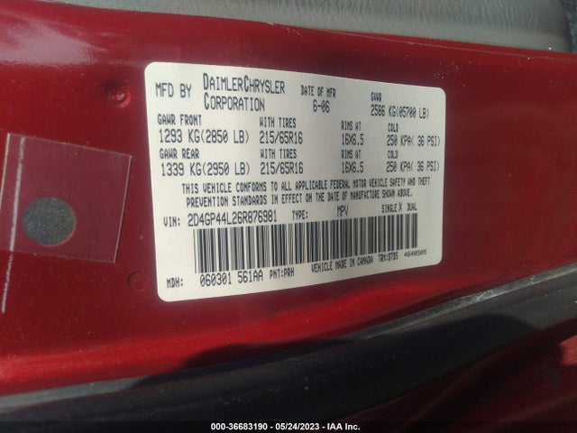 2006 DODGE GRAND CARAVAN SXT VIN: 2D4GP44L26R876981
