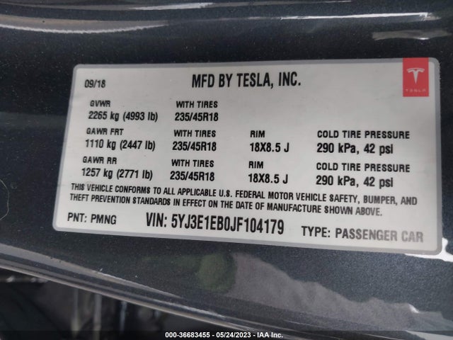 Tesla Model 3 Long Range 2018 5YJ3E1EB0JF104179 Image 9