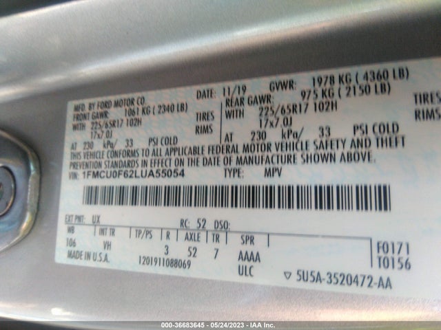 Ford ESCAPE S 2020 1FMCU0F62LUA55054 Image 9