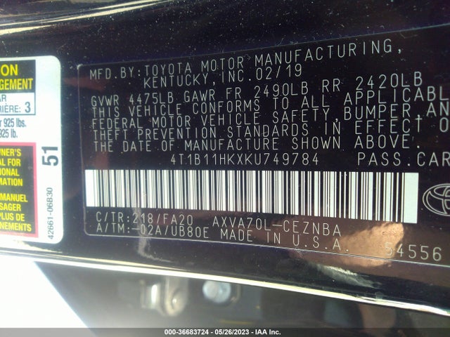 2019 TOYOTA CAMRY LE/SE/XLE/L VIN: 4T1B11HKXKU749784
