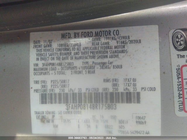 2008 FORD FUSION SEL VIN: 3FAHP08148R175803