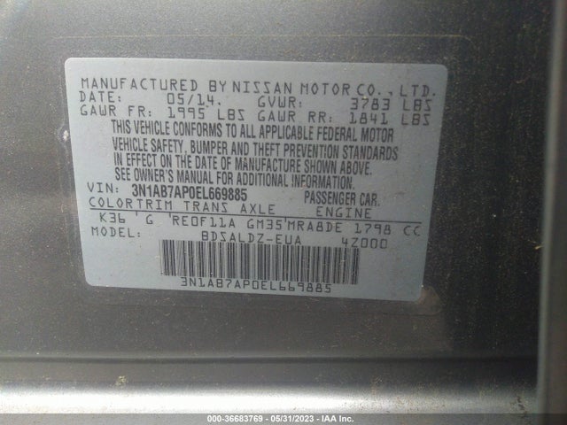 2014 NISSAN SENTRA SV VIN: 3N1AB7AP0EL669885