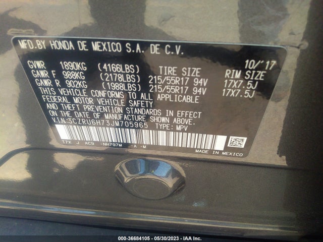 2018 HONDA HR-V EX-L NAVI VIN: 3CZRU6H73JM705965