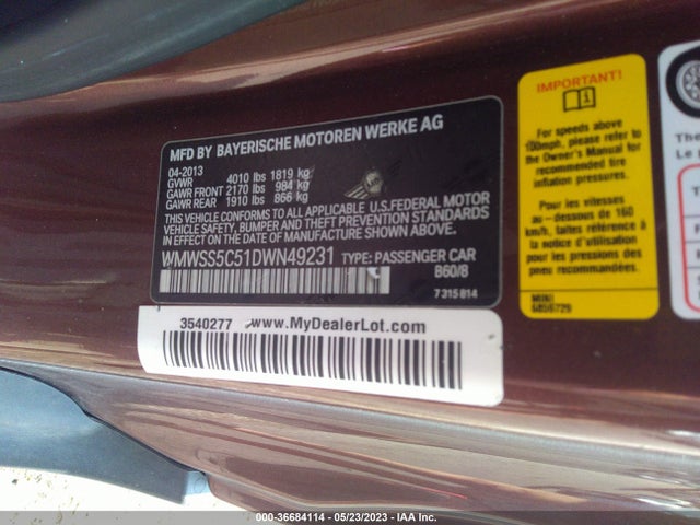 2013 MINI COOPER PACEMAN S VIN: WMWSS5C51DWN49231