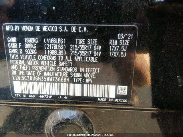 2021 HONDA HR-V LX VIN: 3CZRU6H35MM736684