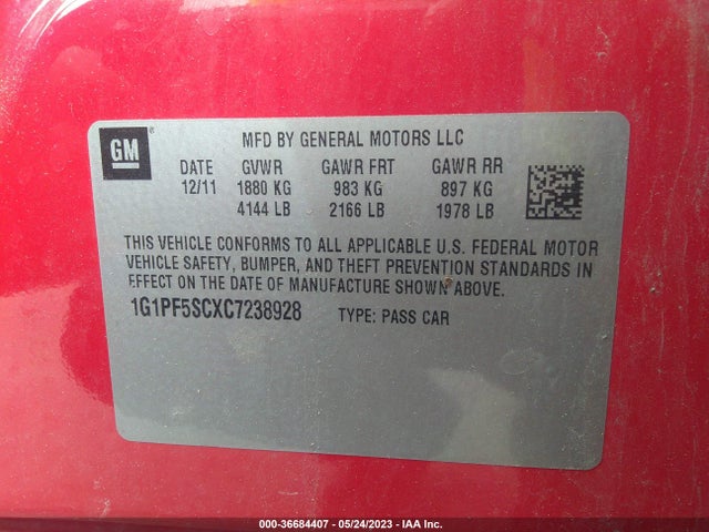 2012 CHEVROLET CRUZE LT W/1LT VIN: 1G1PF5SCXC7238928