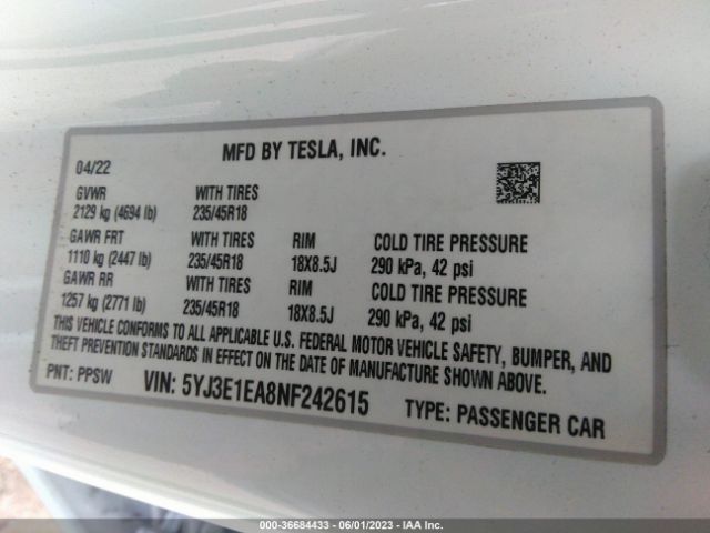5YJ3E1EA8NF242615 Tesla MODEL 3