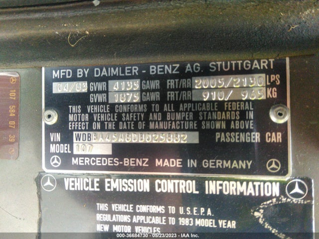 1983 MERCEDES-BENZ 380 SL VIN: WDBBA45A8DB025882