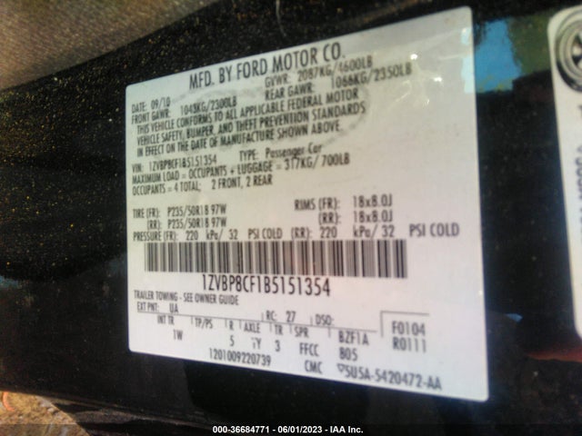 2011 FORD MUSTANG GT VIN: 1ZVBP8CF1B5151354