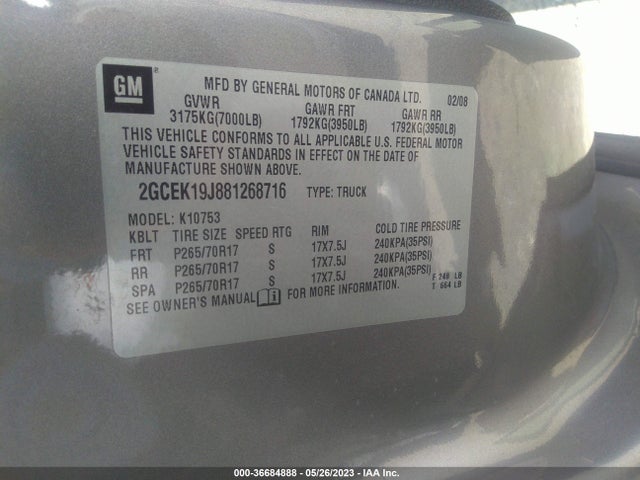 2008 CHEVROLET SILVERADO 1500 LT W/1LT VIN: 2GCEK19J881268716