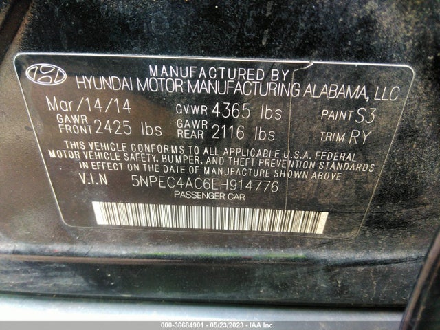 2014 HYUNDAI SONATA SE VIN: 5NPEC4AC6EH914776