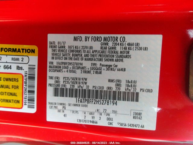 1FATP8FF2H5278194 Ford Mustang Gt Premium