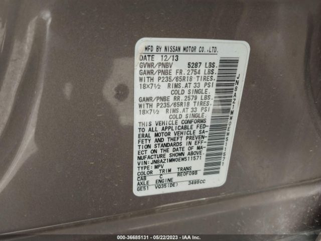 JN8AZ1MW0EW511571 Nissan MURANO SL